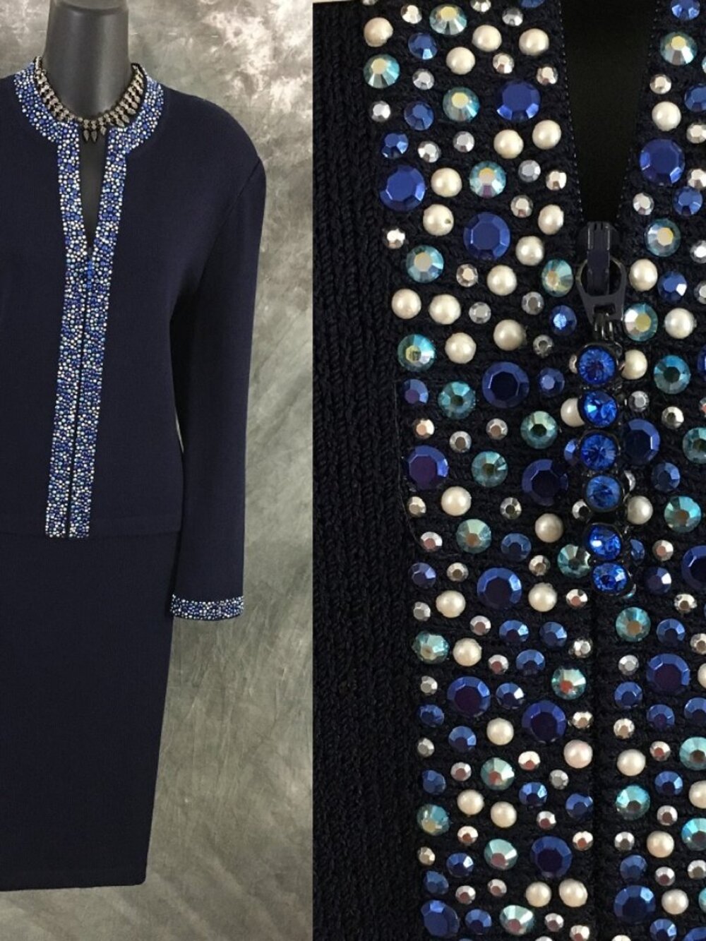 BEAUTIFUL St John evening blue rhinestones embellished skirt suit 12 14